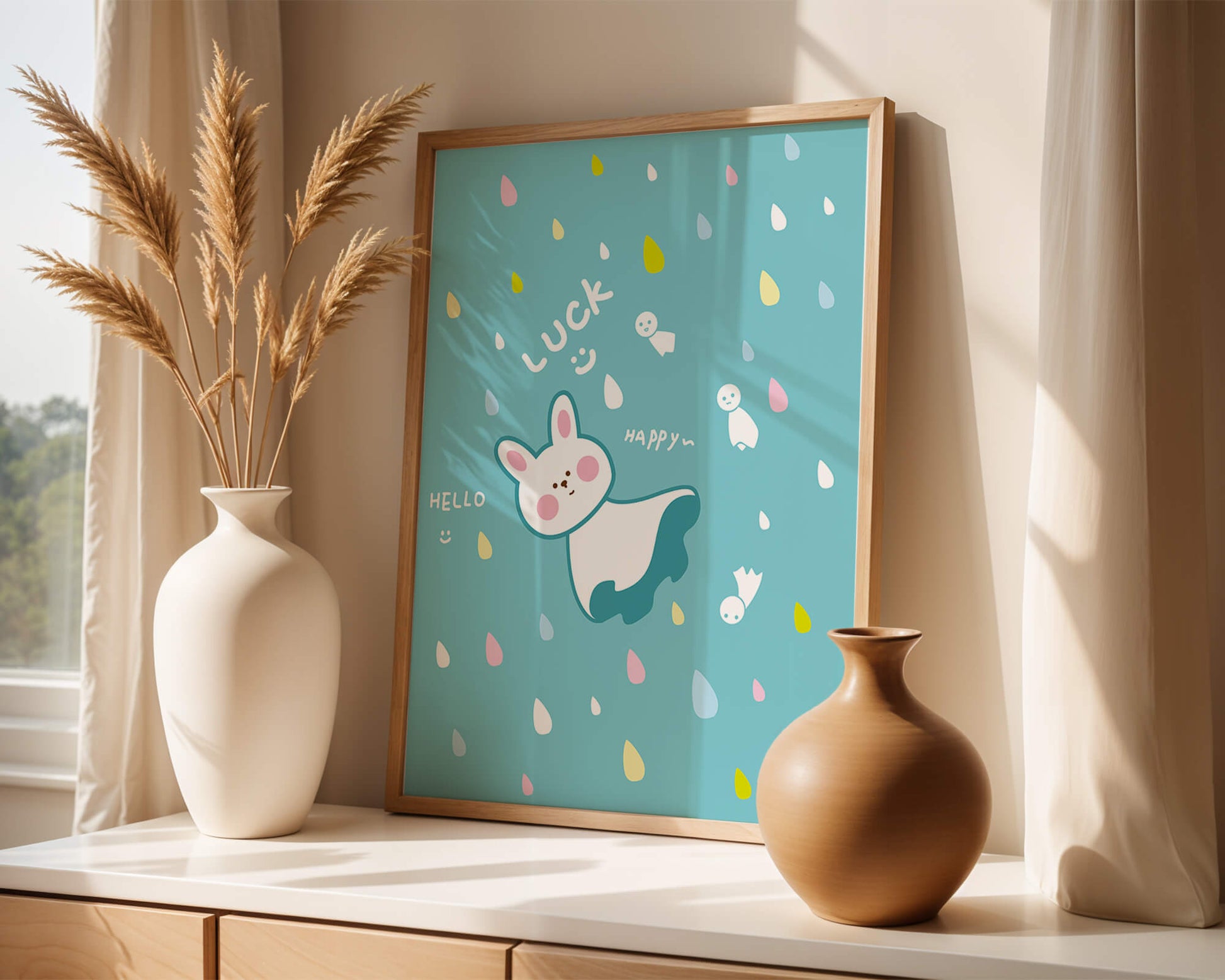 Adorable cartoon bunny with colorful drops on a blue background