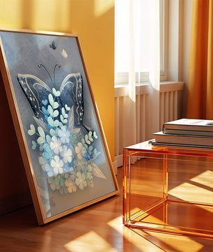 Floral and butterfly digital artwork in calming blue shades