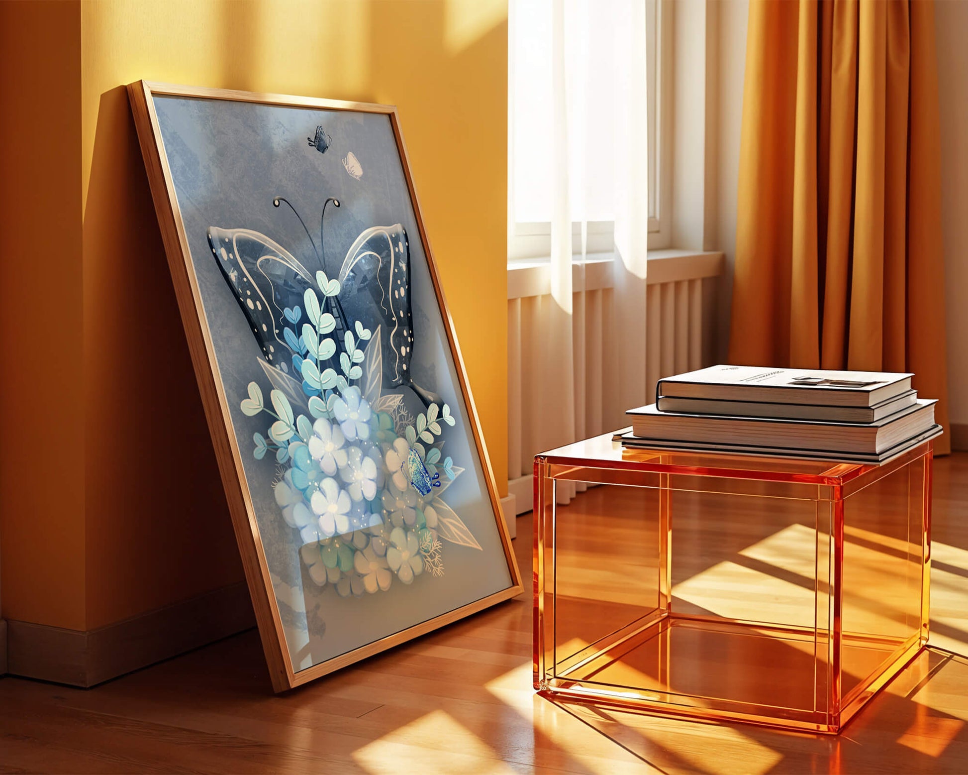 Floral and butterfly digital artwork in calming blue shades
