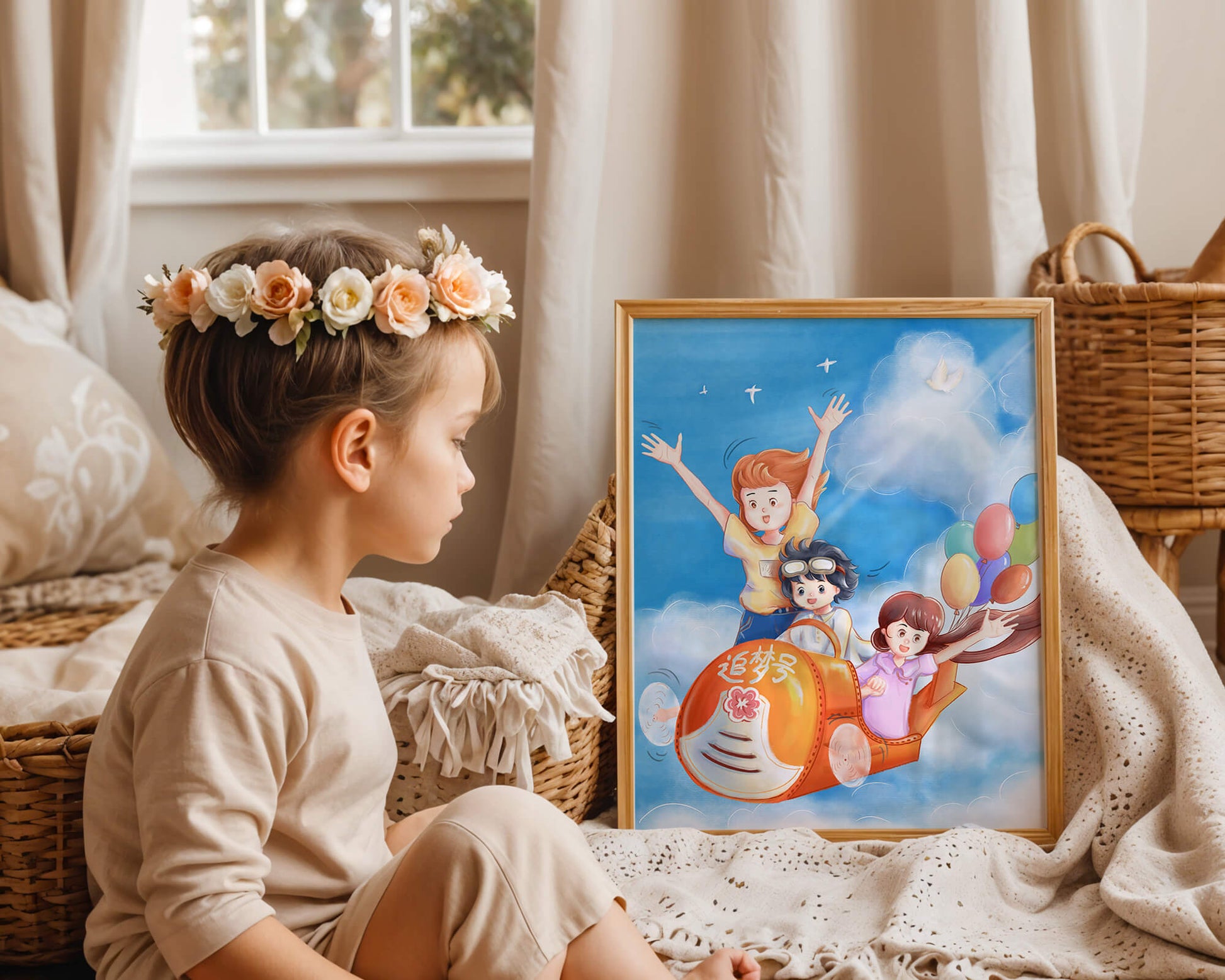 Children's adventure in sky with balloons and playful aircraft