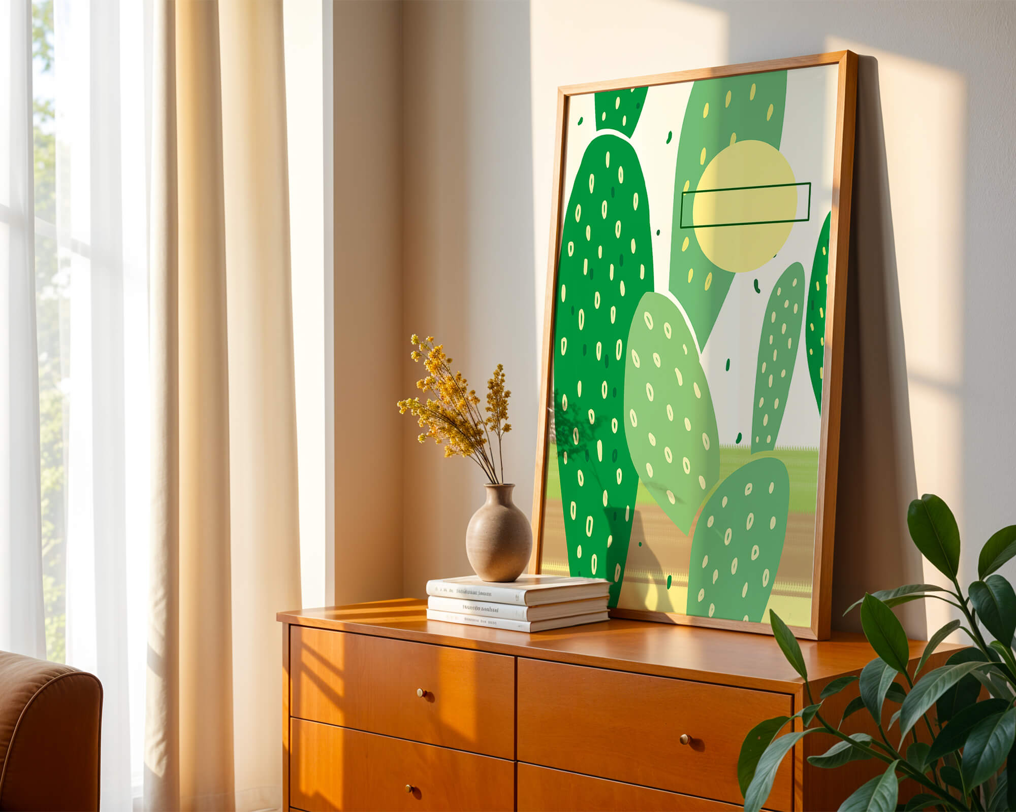 Abstract cactus art with green and yellow elements