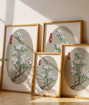 Obra floral delicada con magnolias en flor en estilo oriental