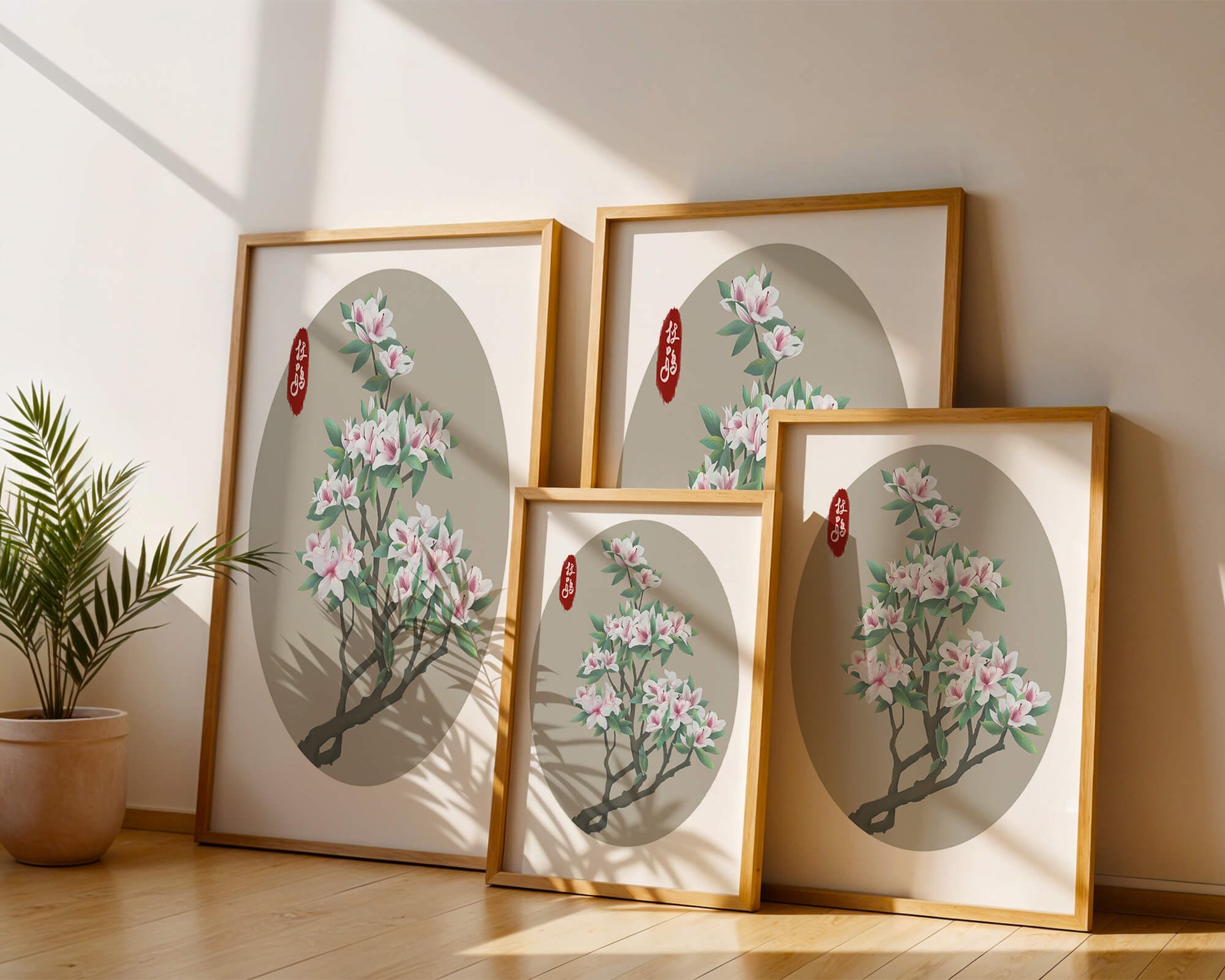 Obra floral delicada con magnolias en flor en estilo oriental