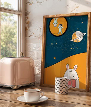 Playful Cartoon of Astronauts and Rabbit with Planet and Stars - Mi tienda
