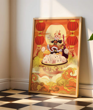 Charming festive fantasy illustration featuring lanterns and playful characters