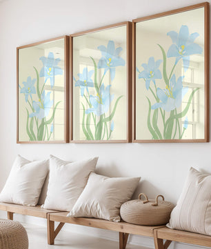 Ilustración elegante de flores azul claro con tallos verdes