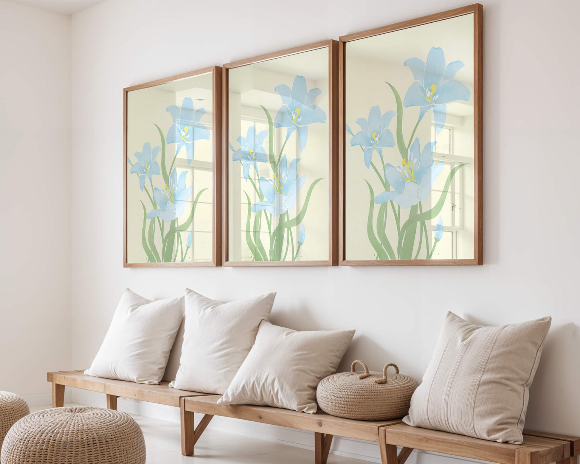 Ilustración elegante de flores azul claro con tallos verdes