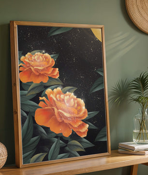 Fantasía floral elegante con flores naranjas vibrantes y un brillo dorado