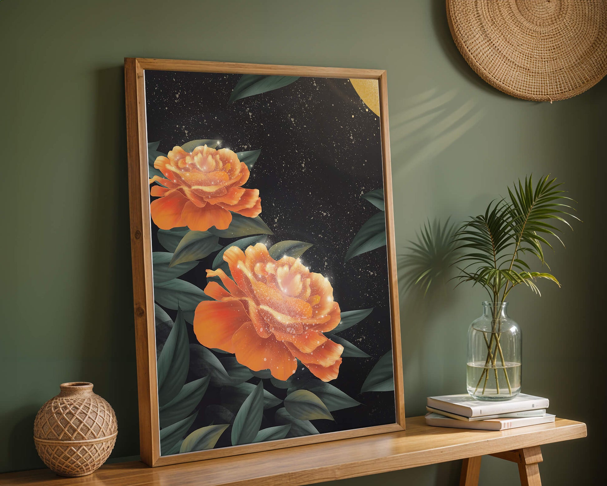 Fantasía floral elegante con flores naranjas vibrantes y un brillo dorado