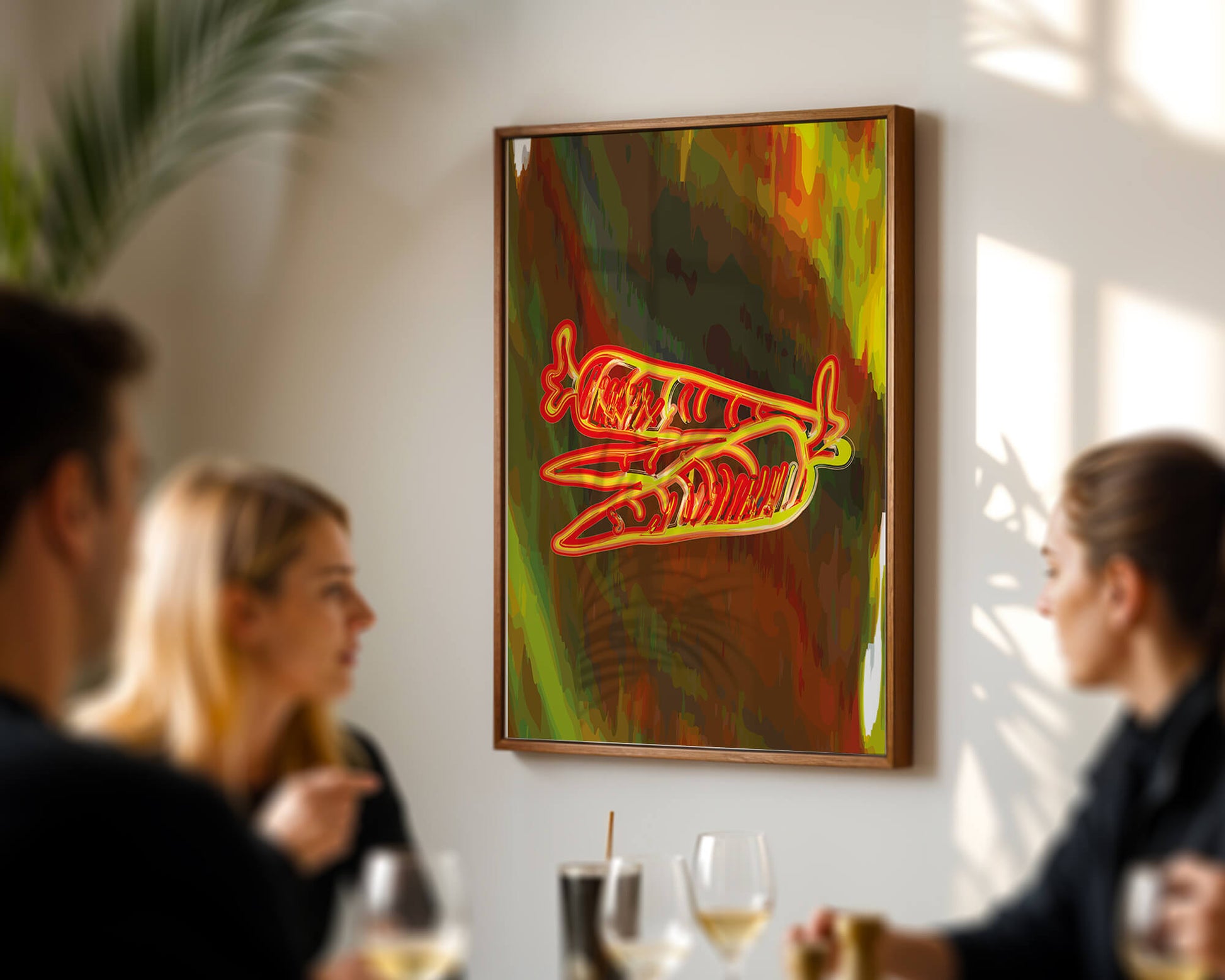Abstract art featuring neon carrots on a colorful background