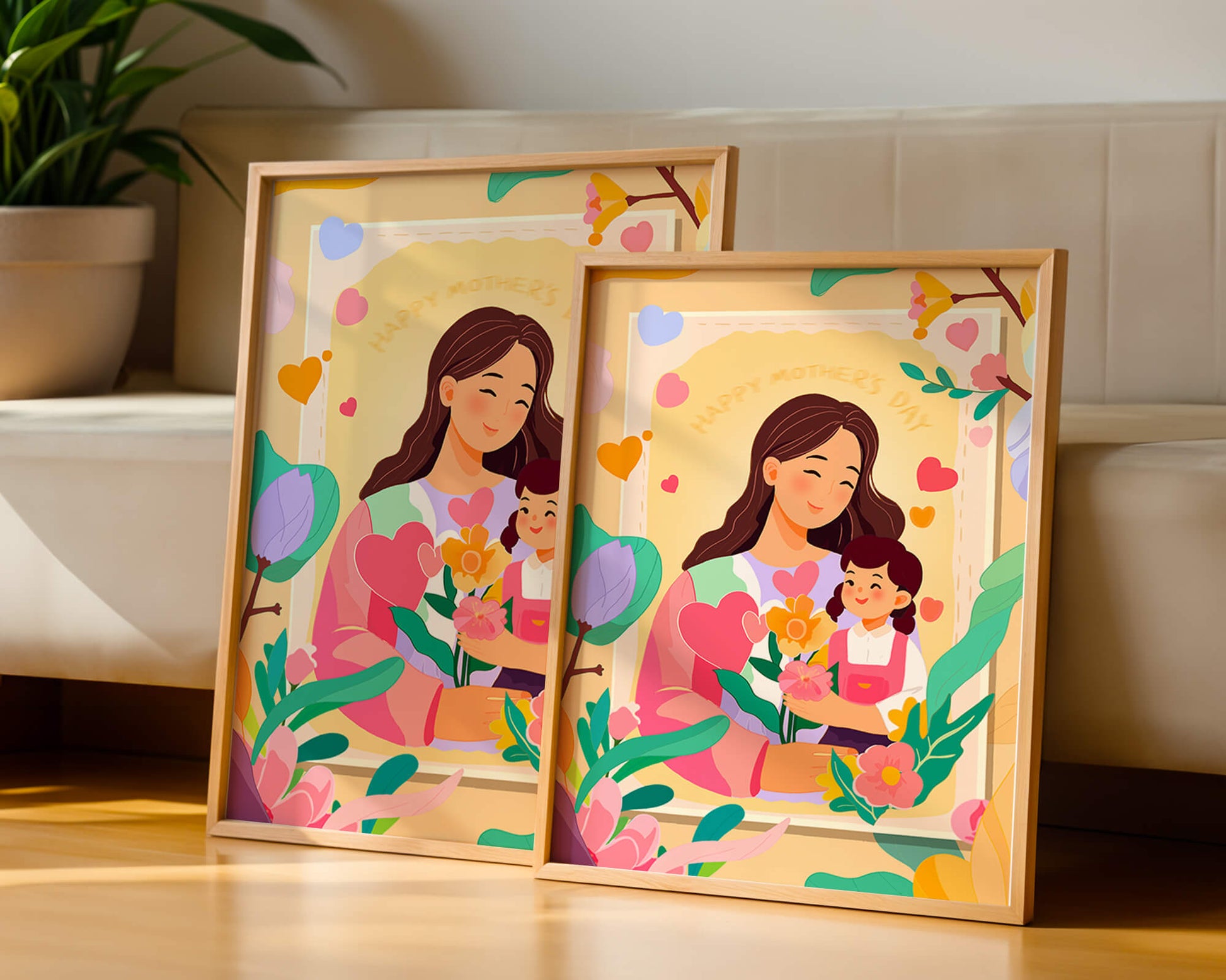 Illustration of mother and daughter with flowers for Mother's Day