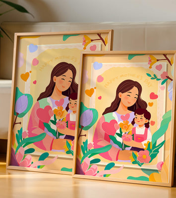 Illustration of mother and daughter with flowers for Mother's Day