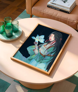 Elegant Woman Holding Glowing Lotus in Tranquil Nightscape