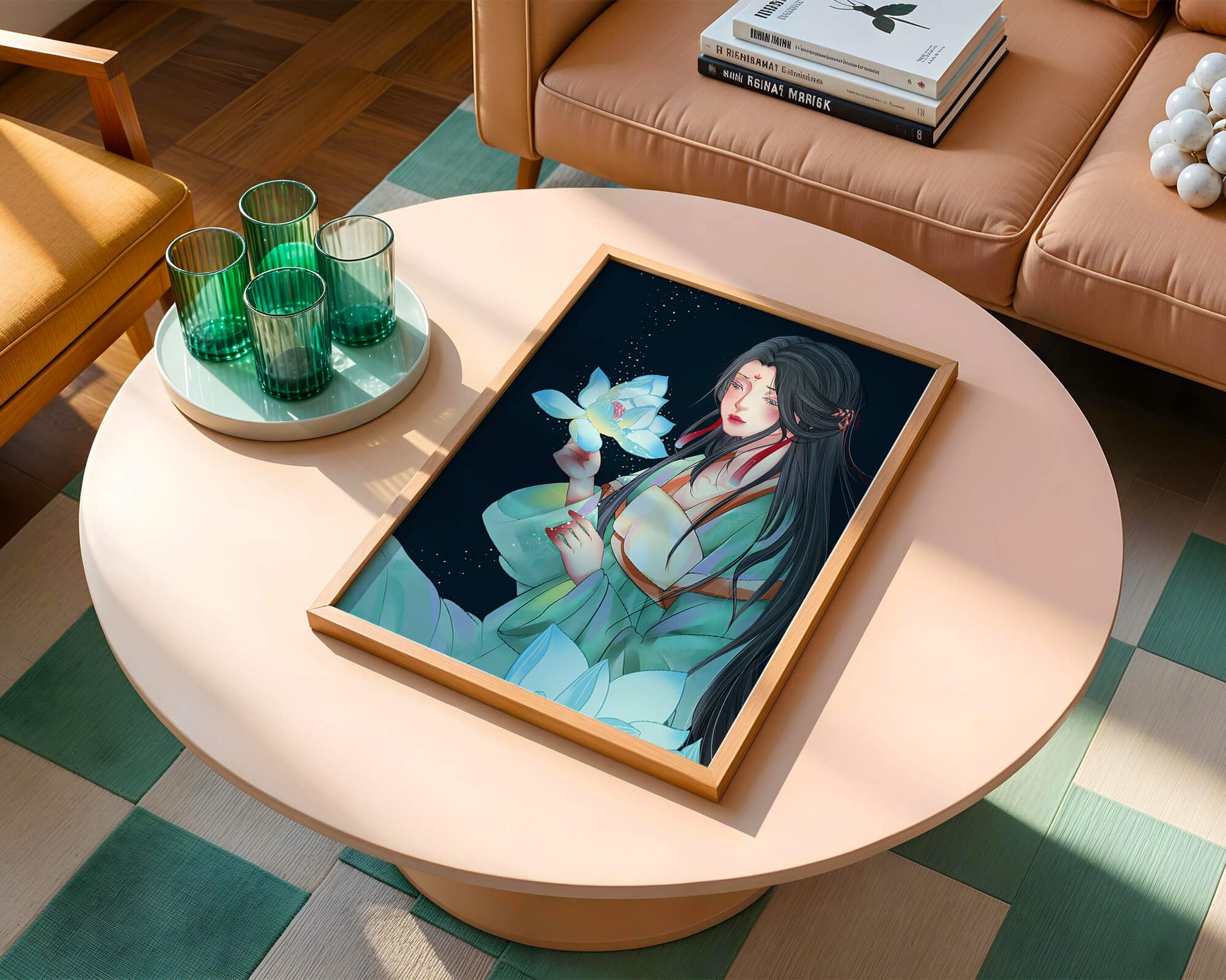 Elegant Woman Holding Glowing Lotus in Tranquil Nightscape