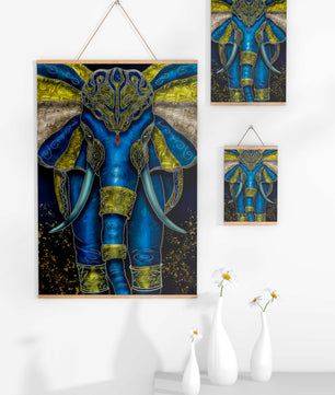 Blue and gold ornate elephant with intricate patterns