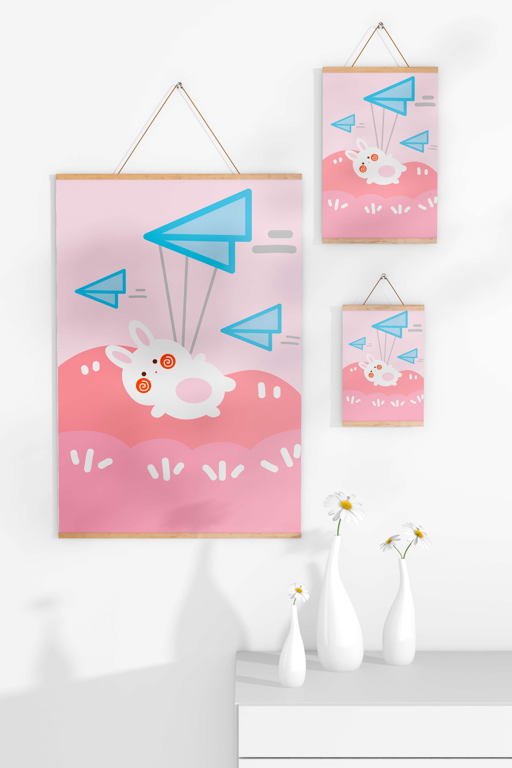 Adorable cartoon bunny flying with paper planes on a pink background