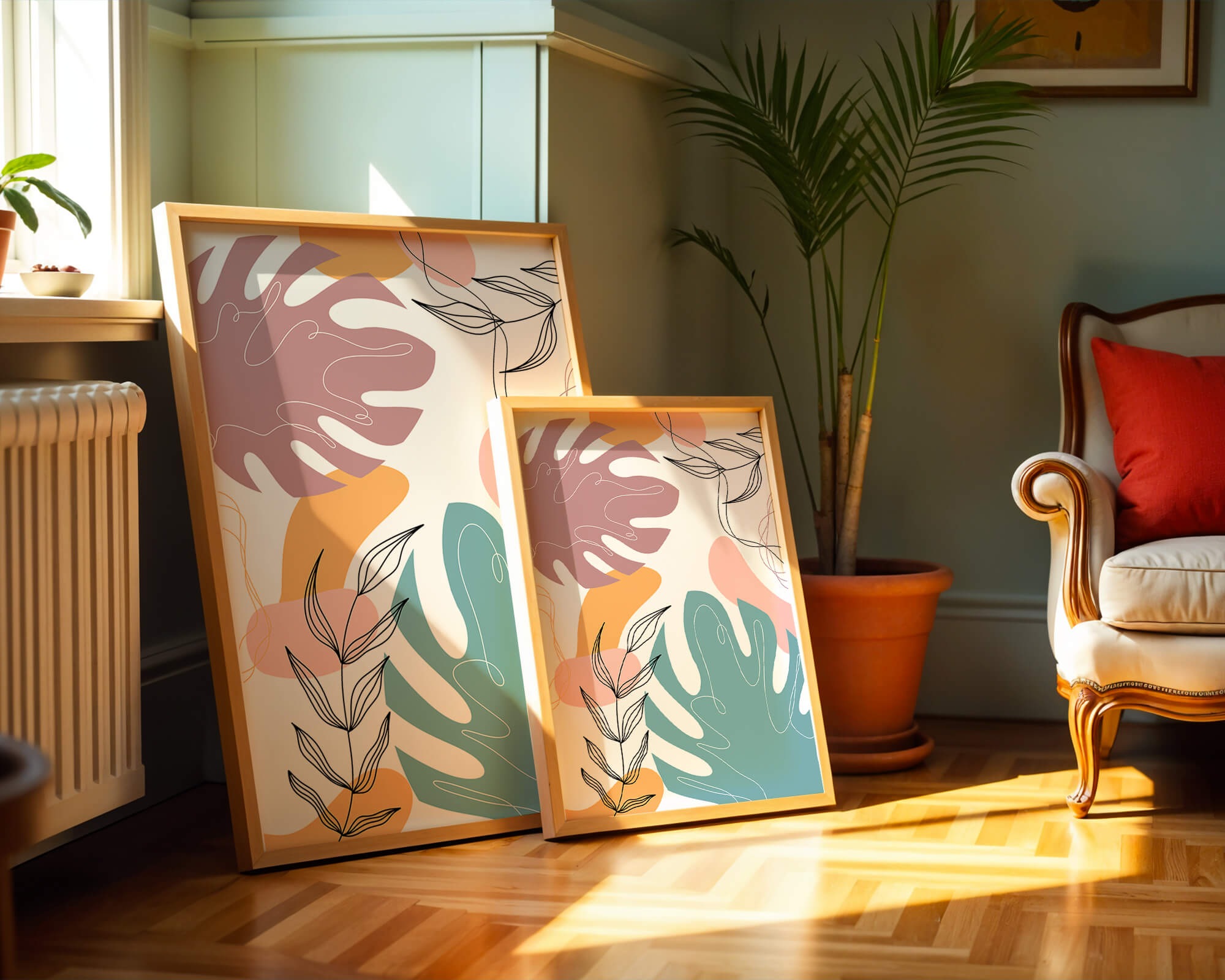 Abstract botanical illustration with colorful leaf patterns