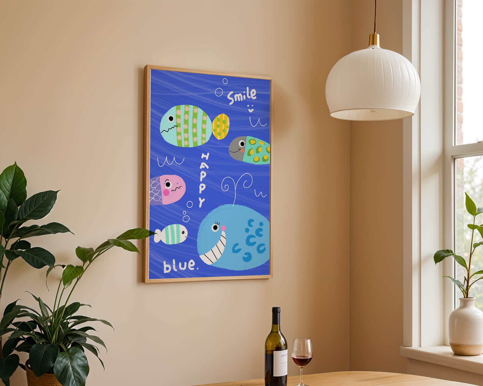Colorful underwater scene with smiling cartoon fish