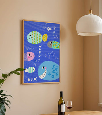 Colorful underwater scene with smiling cartoon fish