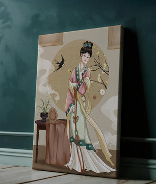 Elegante traditionelle asiatische Dame in klassischer Kleidung mit Naturelementen