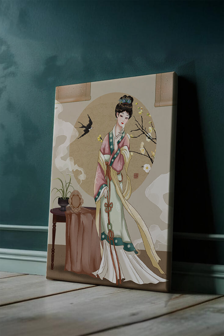 Elegant traditional Asian lady in classic attire with nature elements