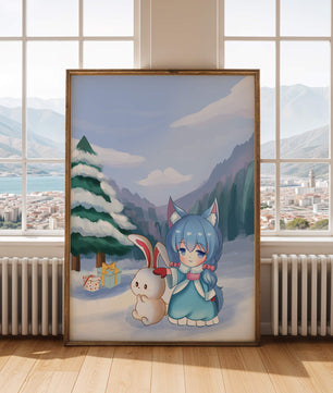 Winter scene with cute chibi character and bunny in snowy landscape