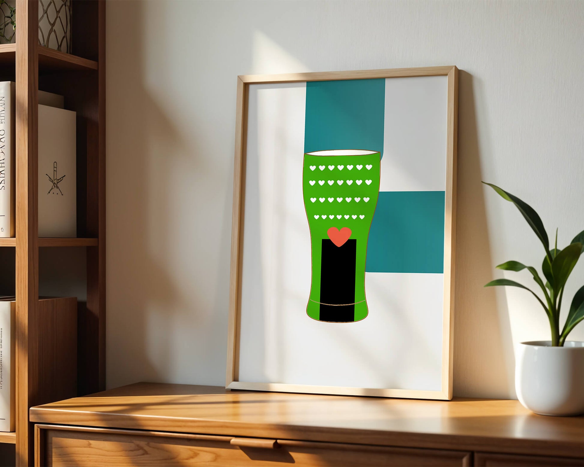 Green vase with heart pattern and minimalistic design