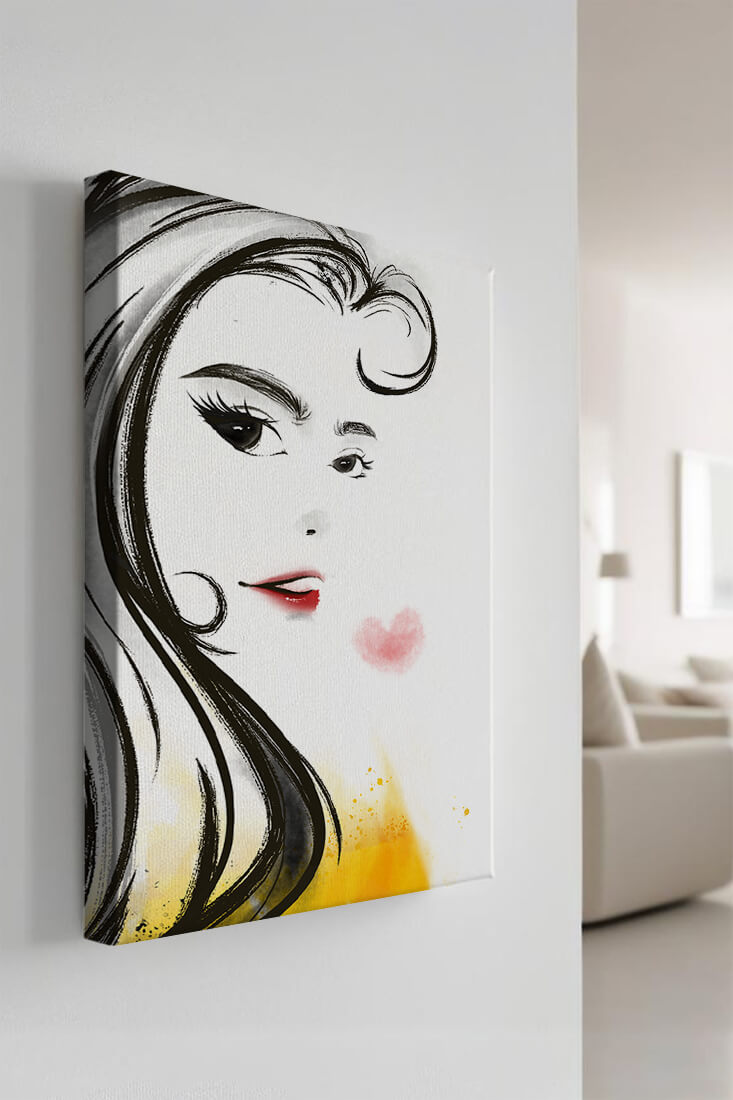 Elegant portrait sketch with red lips and a heart motif