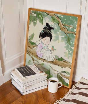 Serene illustration of a girl with a bird in a tree