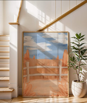 Paisaje otoñal sereno con cerca de madera y cielo azul