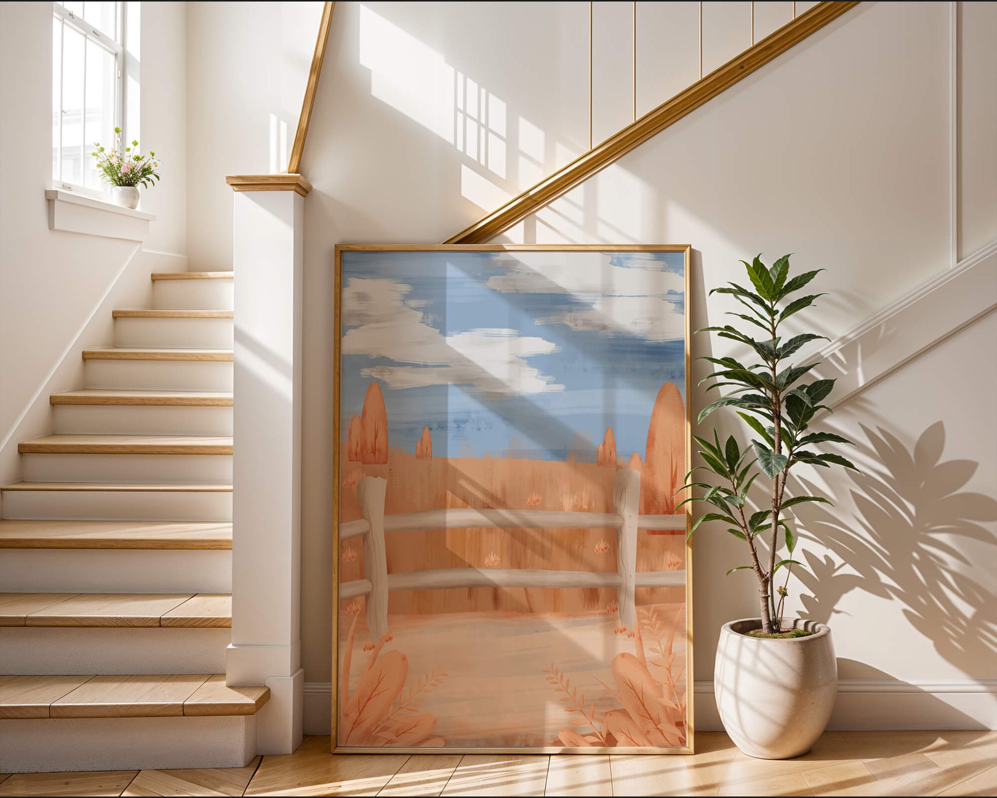 Paisaje otoñal sereno con cerca de madera y cielo azul