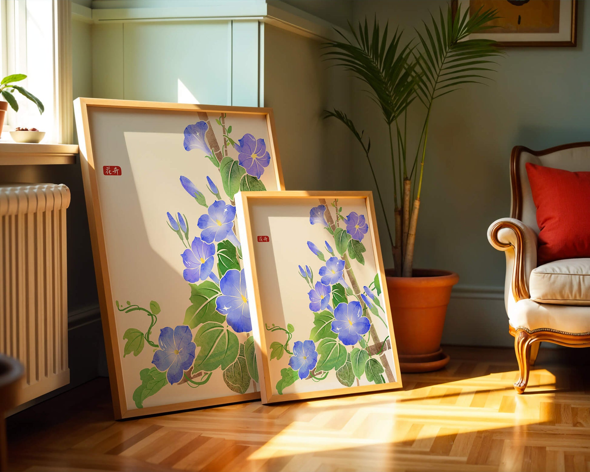 Obra floral delicada con glorias matutinas azules vibrantes