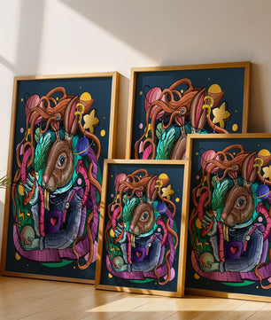 Ilustración abstracta colorida de un conejo en el espacio con pulpo, planetas y zanahoria