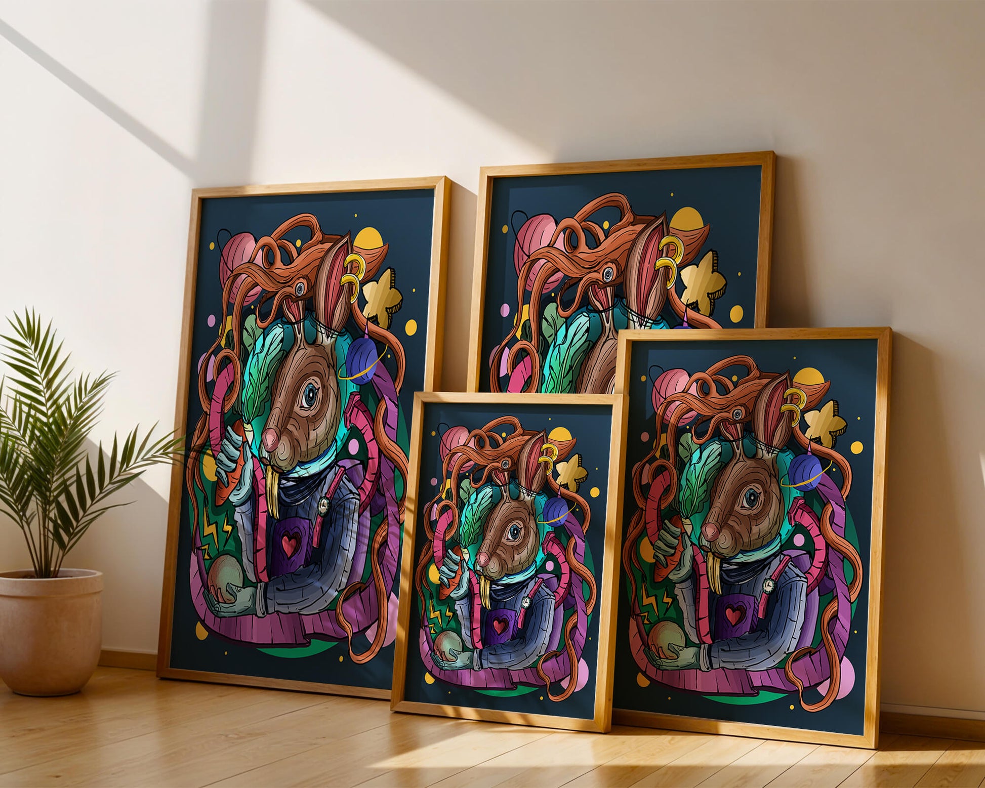 Ilustración abstracta colorida de un conejo en el espacio con pulpo, planetas y zanahoria.