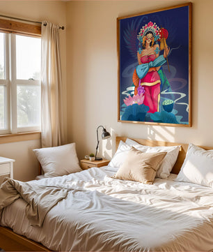 Colorful illustration of a woman in traditional attire with floral headdress