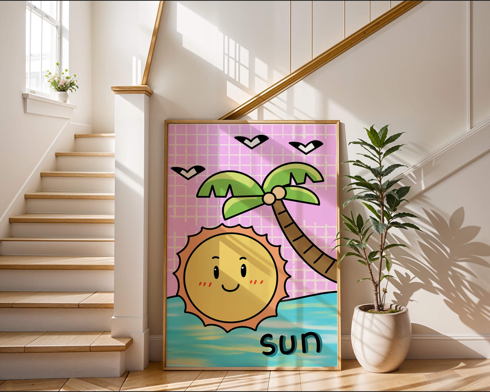 Cartoon sun with palm tree and ocean scene
