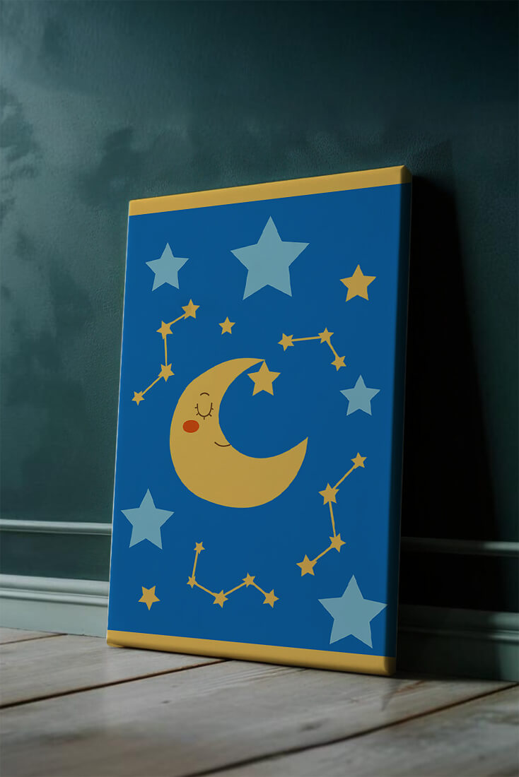 Whimsical children's room decor with smiling moon and stars