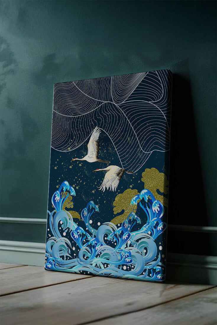 Elegant Cranes Flying Over Golden Waves and Artistic Ocean