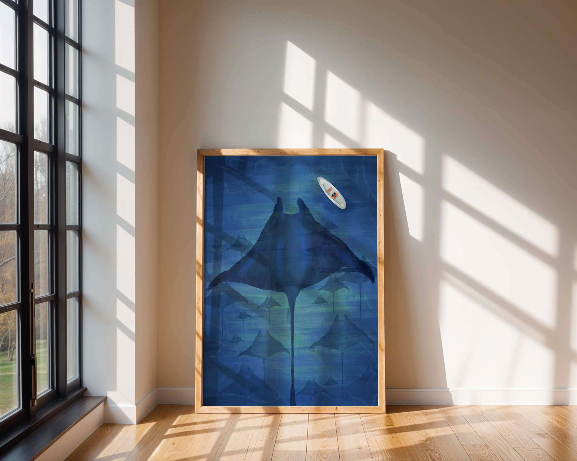 Serene underwater scene with manta rays and a lone kayak
