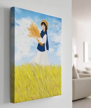 Young girl in a wheat field on a sunny day illustration