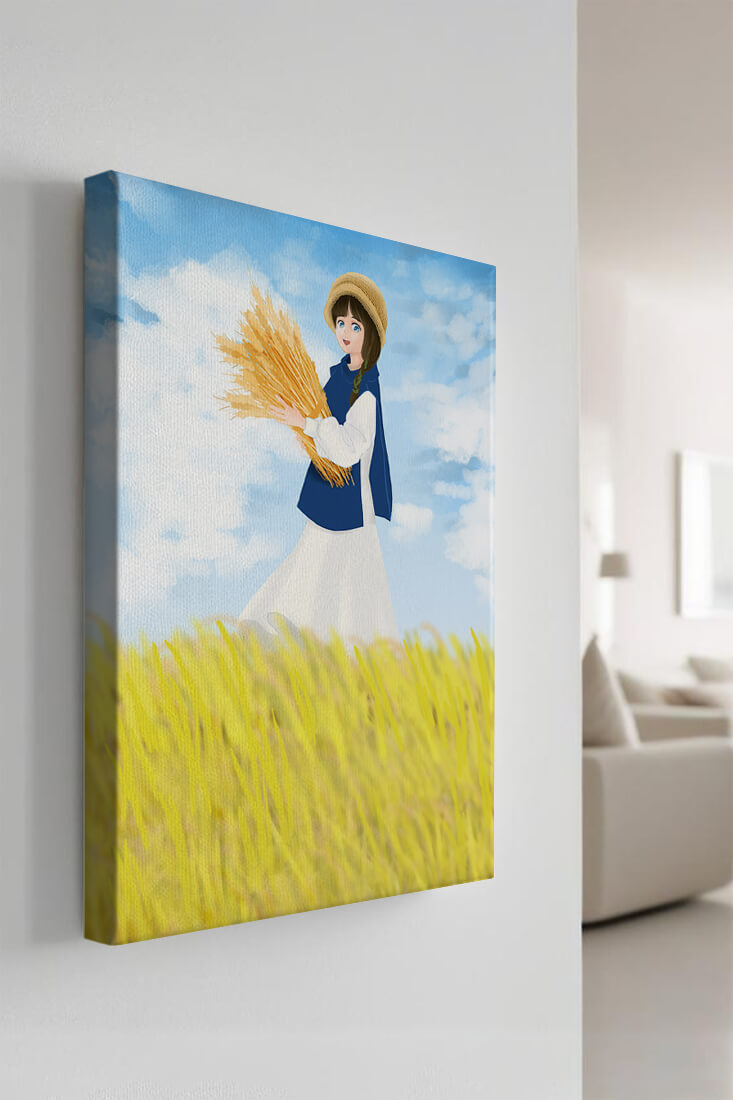 Young girl in a wheat field on a sunny day illustration