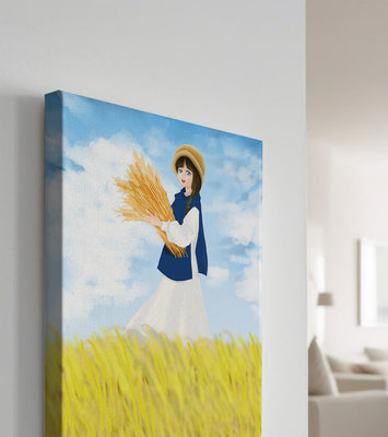 Young girl in a wheat field on a sunny day illustration