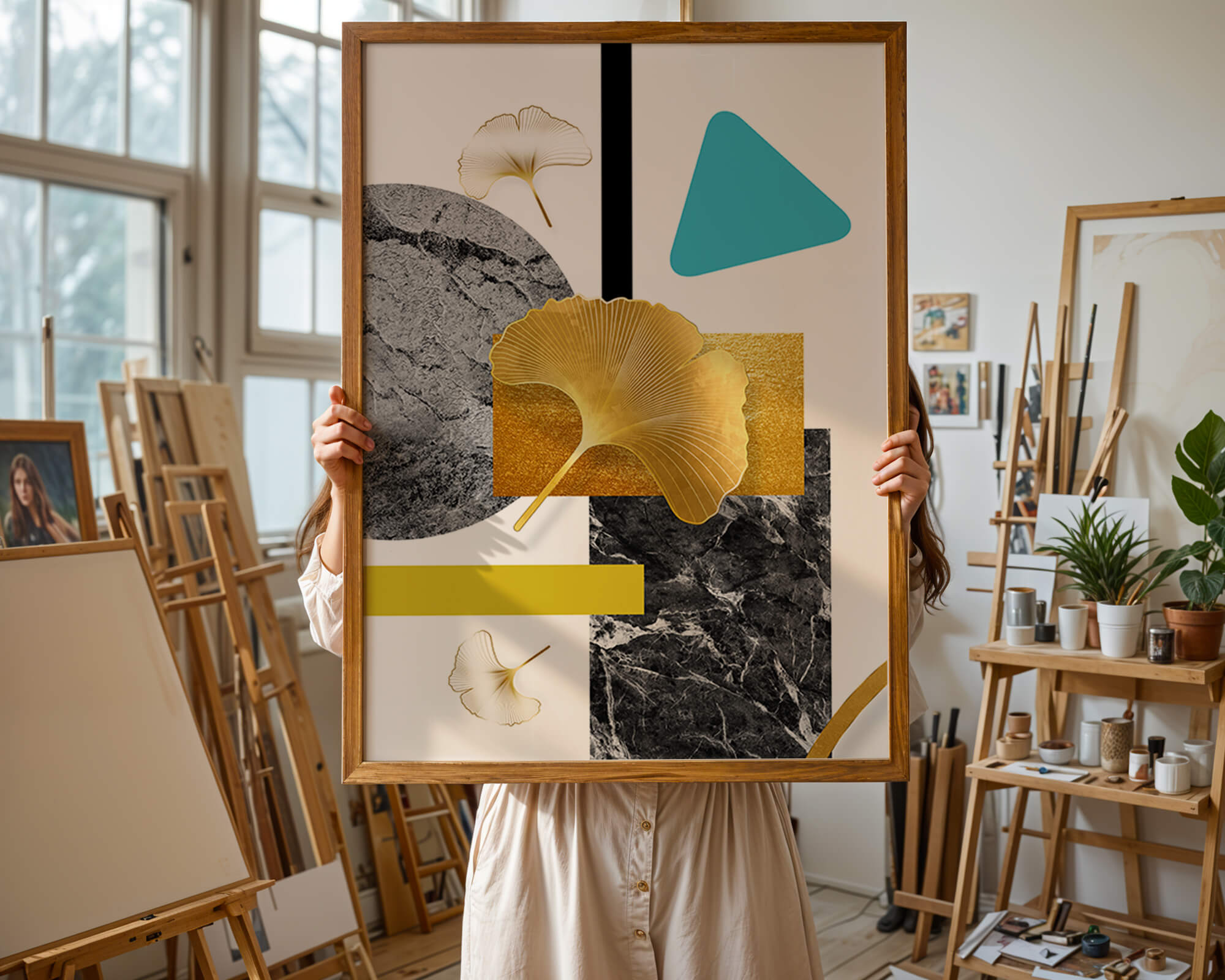Geometric Abstract Composition with Gold Ginkgo Leaves
