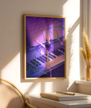 Graceful Ballerina Dancing on Piano Amidst Flowers and Musical Notes