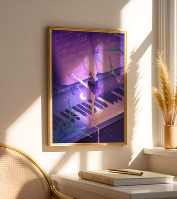 Graceful Ballerina Dancing on Piano Amidst Flowers and Musical Notes