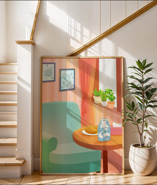 Sala de estar acogedora con mesa y cartón de leche