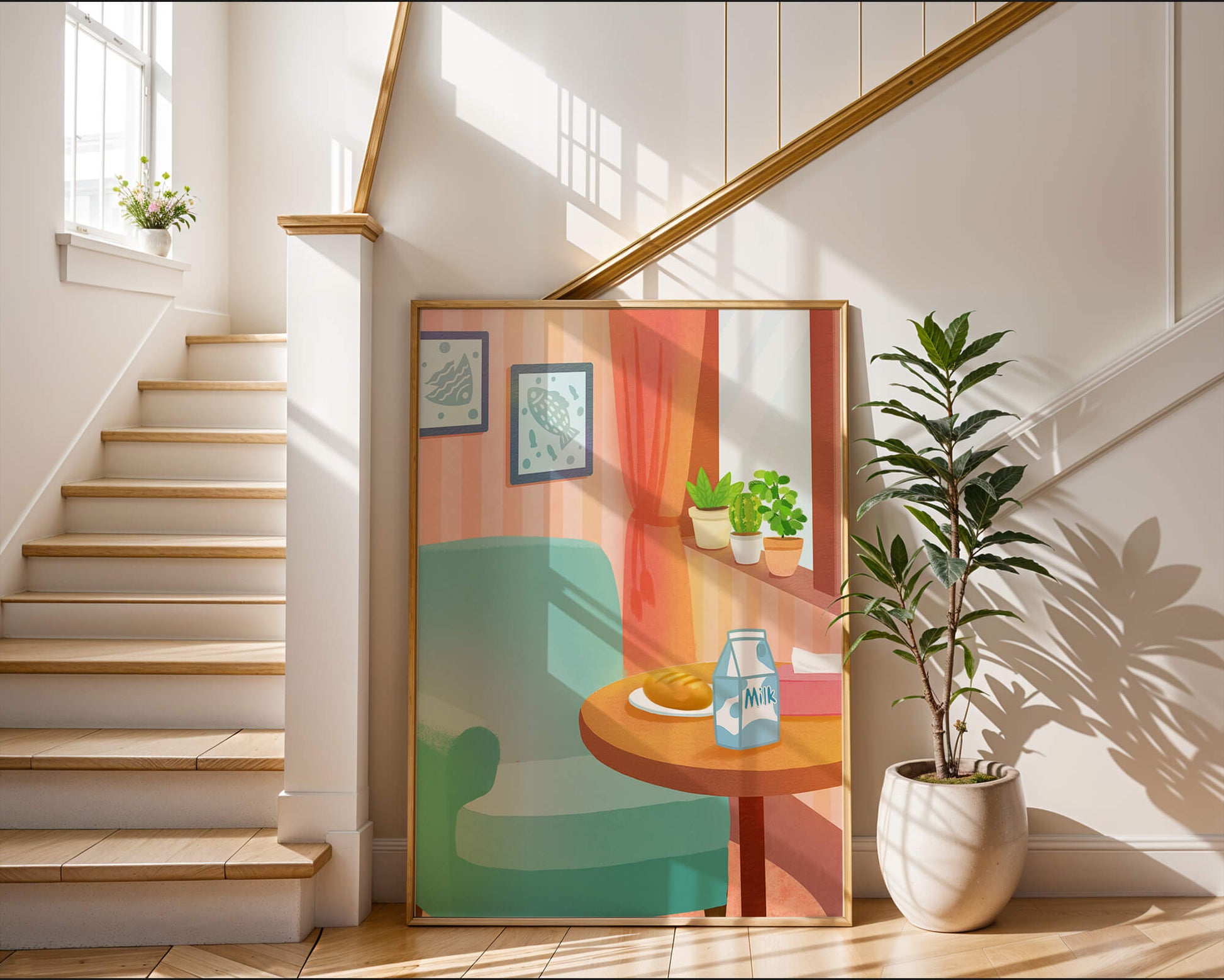 Sala de estar acogedora con mesa y cartón de leche