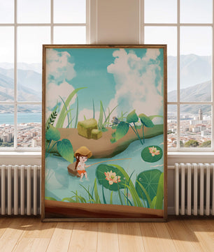 Ruhige Illustration eines Kindes, das an einem Teich mit Seerosen angelt