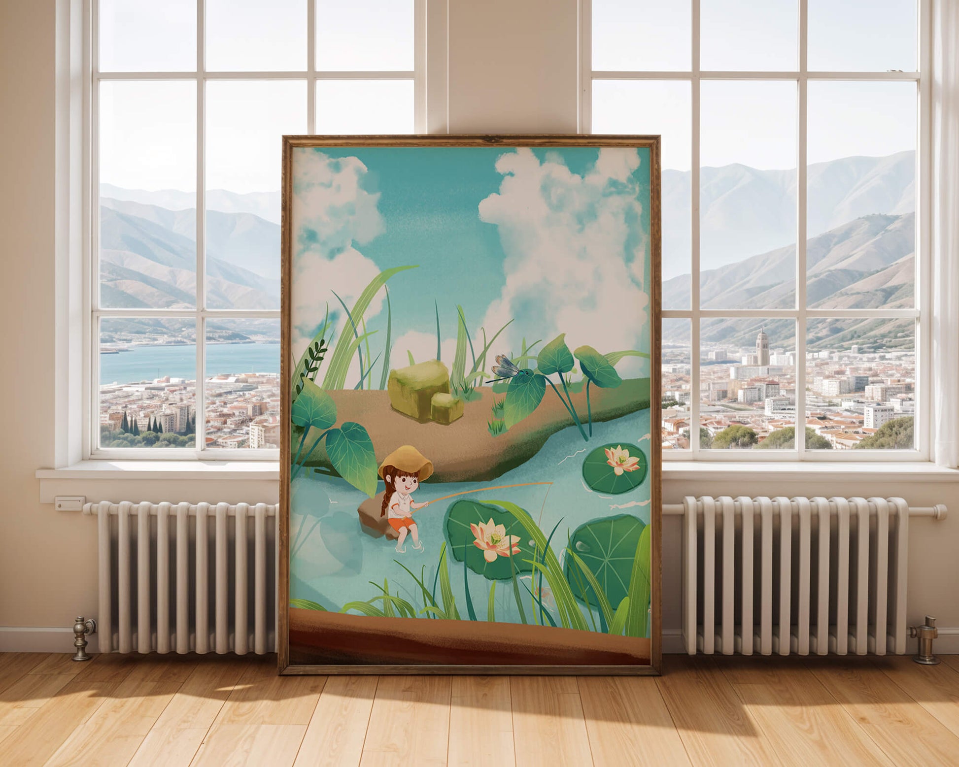 Ruhige Illustration eines Kindes, das an einem Teich mit Seerosen angelt