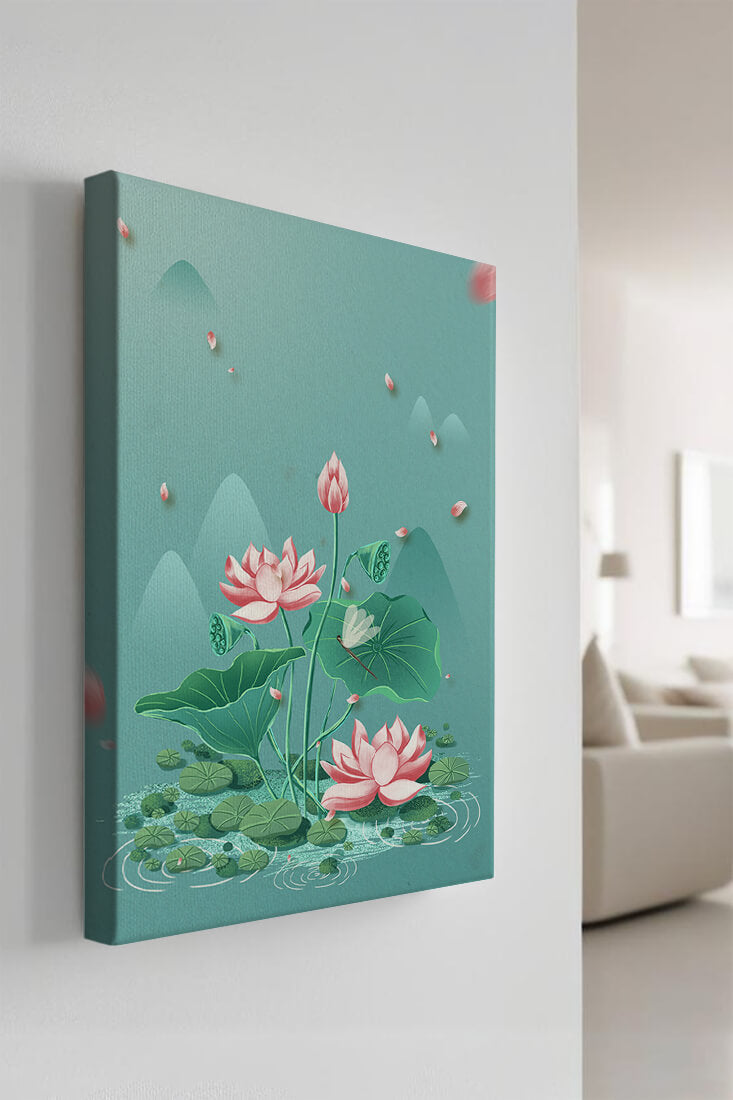 Serene illustration of lotus flowers in a tranquil pond setting with mountains